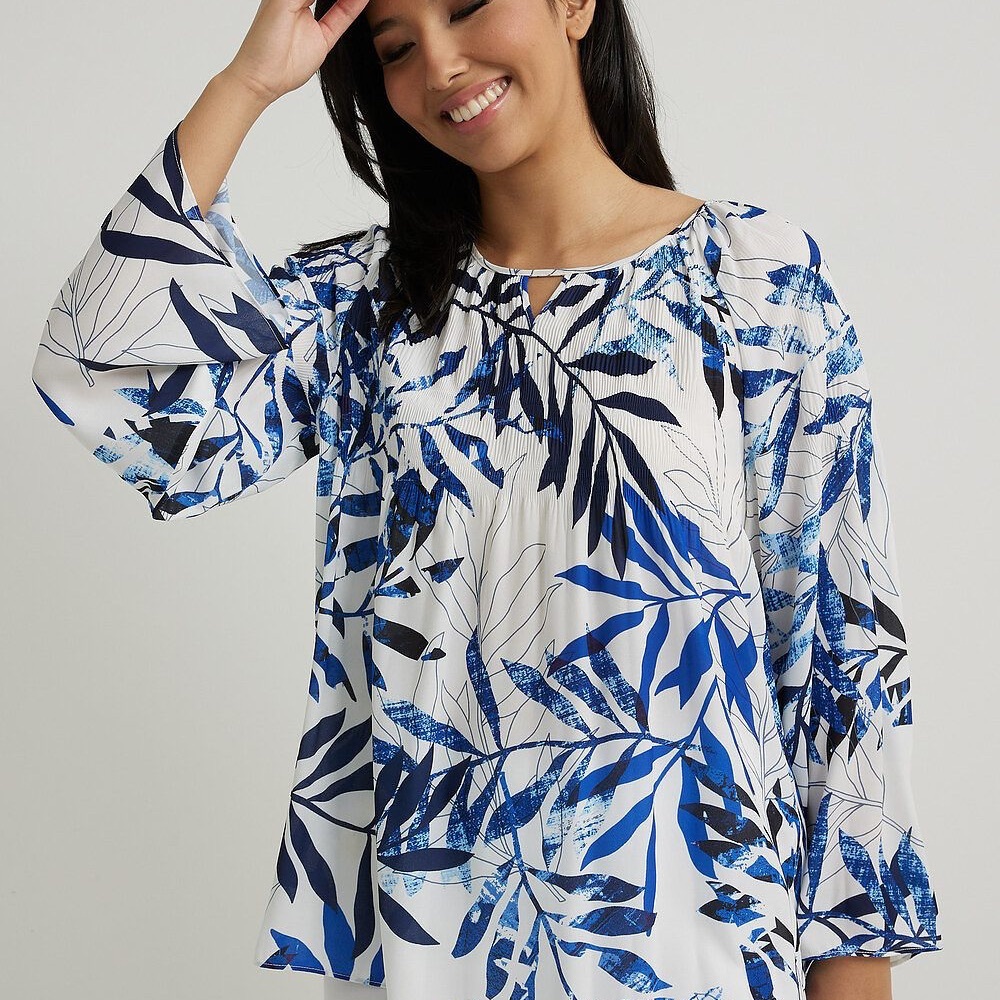 Joseph Ribkoff Blue Bamboo Print Pleated Blouse